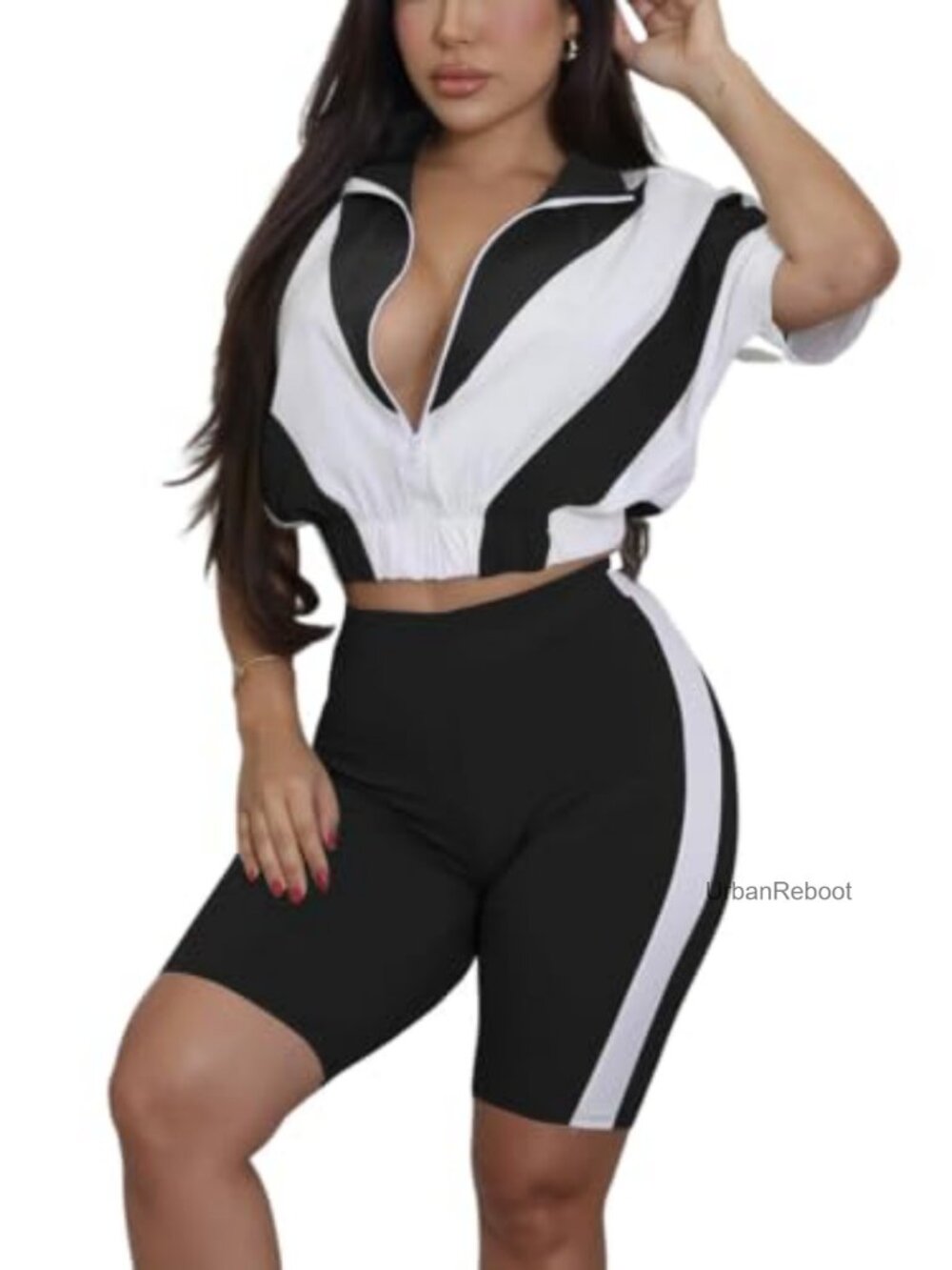 Women 2 Piece Outfit Zip Up Cropped Jacket & Biker Shorts Set